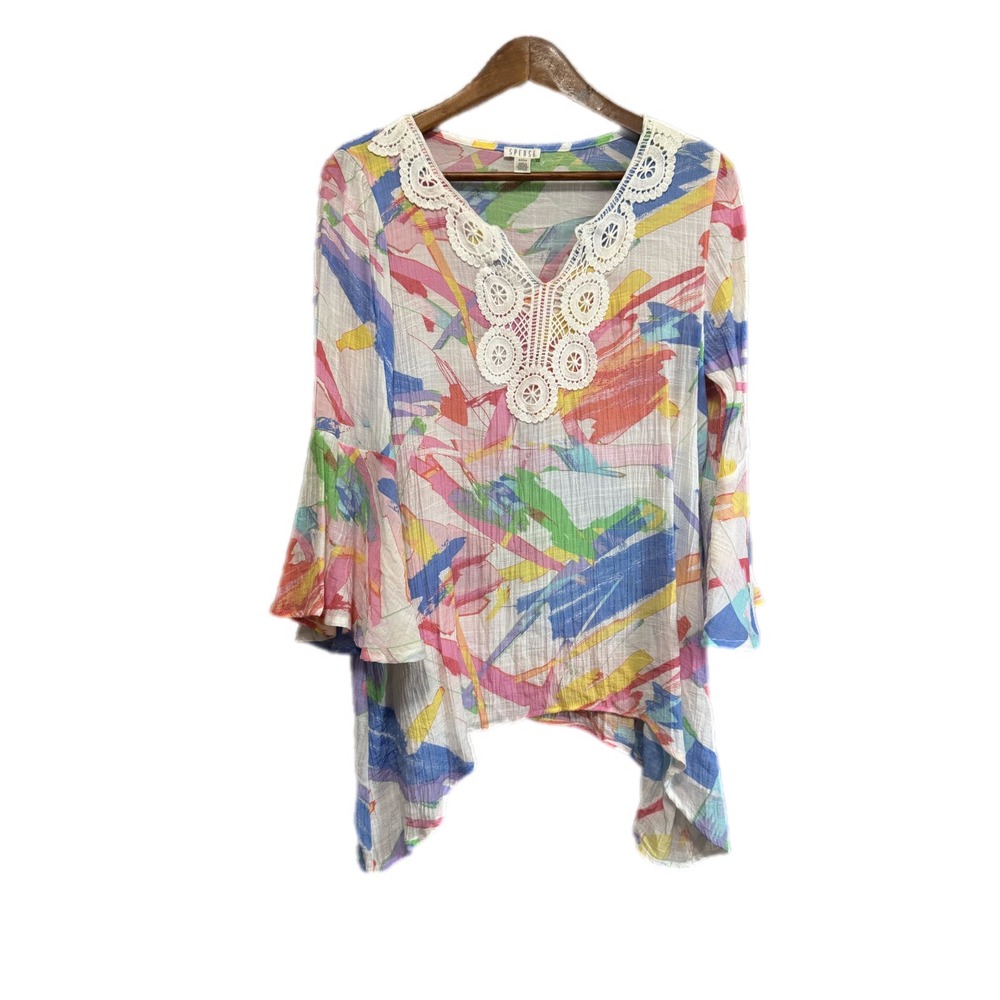 Spense‎ Abstract Print Tunic Womens Small Multicolor Excellent Bell Sleeve Lace